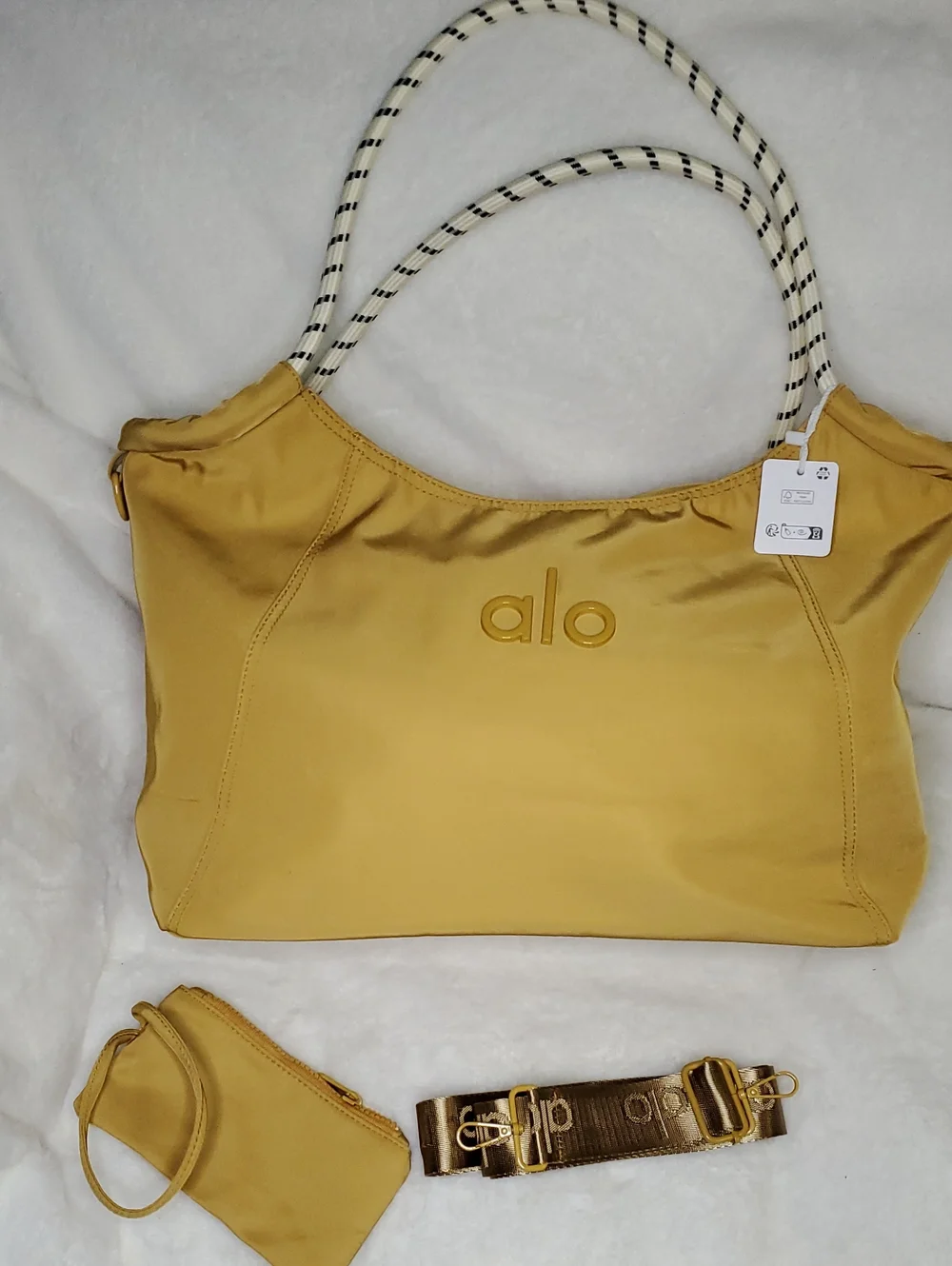 ALO Yellow Shoulder Bag with Rope Handles and Matching Pouch